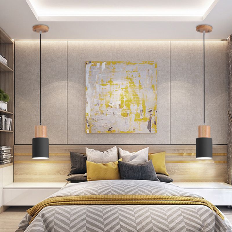 Wooden Cylindrical Single Pendant Light in Modern Concise Style Aluminium Macaron Hanging Lamp