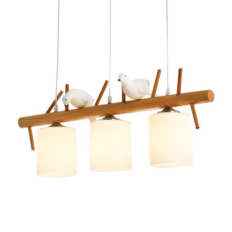 Wood Island Lamp Modern Island Hanging Light with Glass Shade for Dining Room