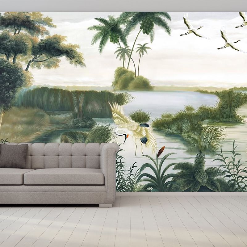 Asian Red-Crown Crane Murals Wallpaper Green Water Landscape Wall Decor for Living Room