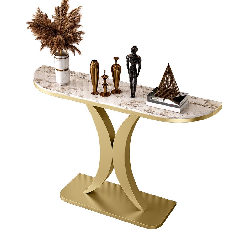 Glam Half Moon Accent Table with Stone Top and Iron Pedestal Base