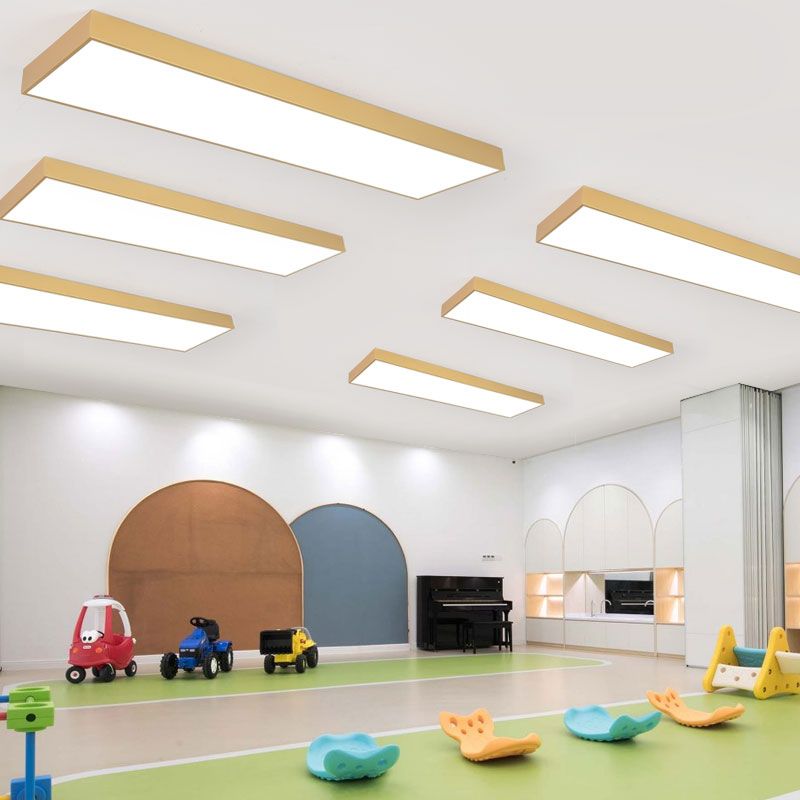 Rectangular Wood Flush Mount 1-Light Modern Ceiling Light Fixture for Office