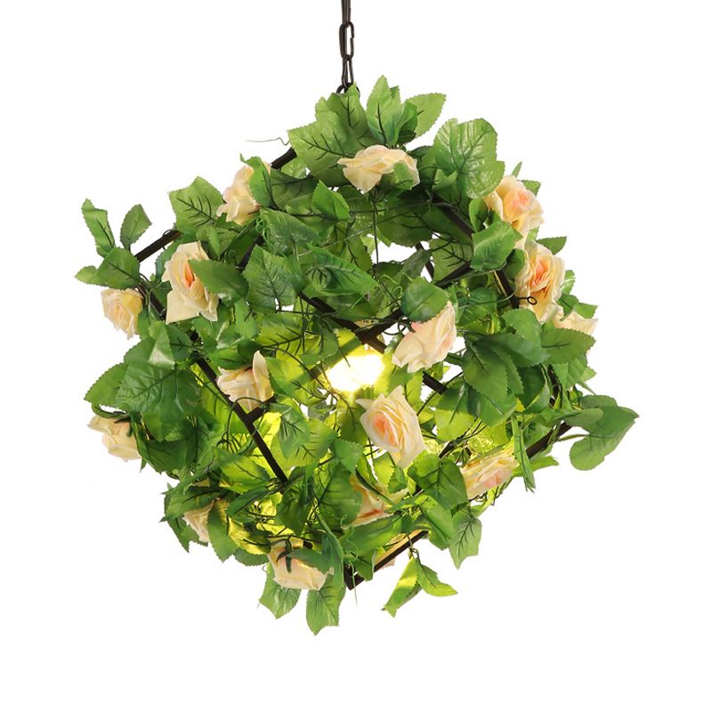 Vintage Geometrische Suspensionslampe 1 Kopf Metall LED -Anhänger Licht in Schwarz mit Pflanze und Blume