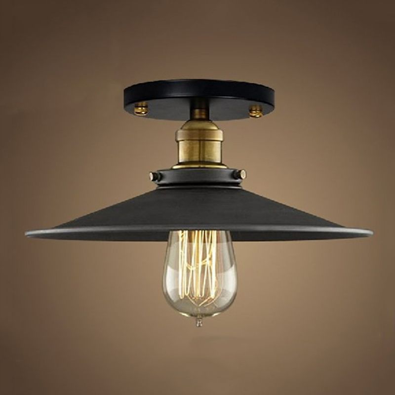 Black 1-Light Semi Flush Mount in Industrial Concise Style Wrought Iron Ceiling Fixture for Corridor