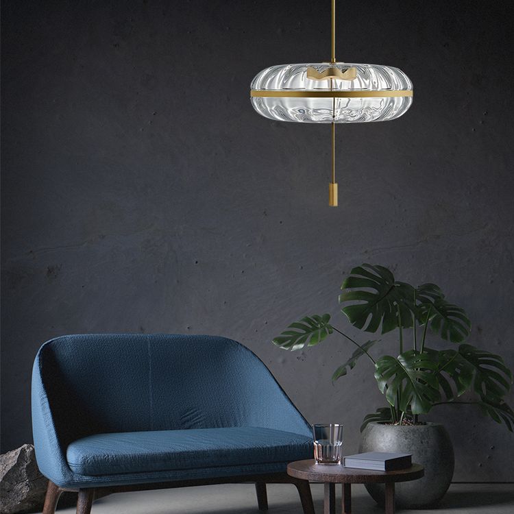 Rippled Glass Pumpkin Shaped Pendant Minimalist Brass LED Ceiling Light for Dining Room