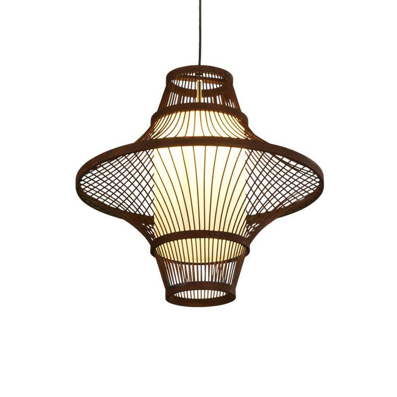 Flared Bamboo Pendant Light Fixture Asian Single Bulb Suspension Lighting with White Shade Inner