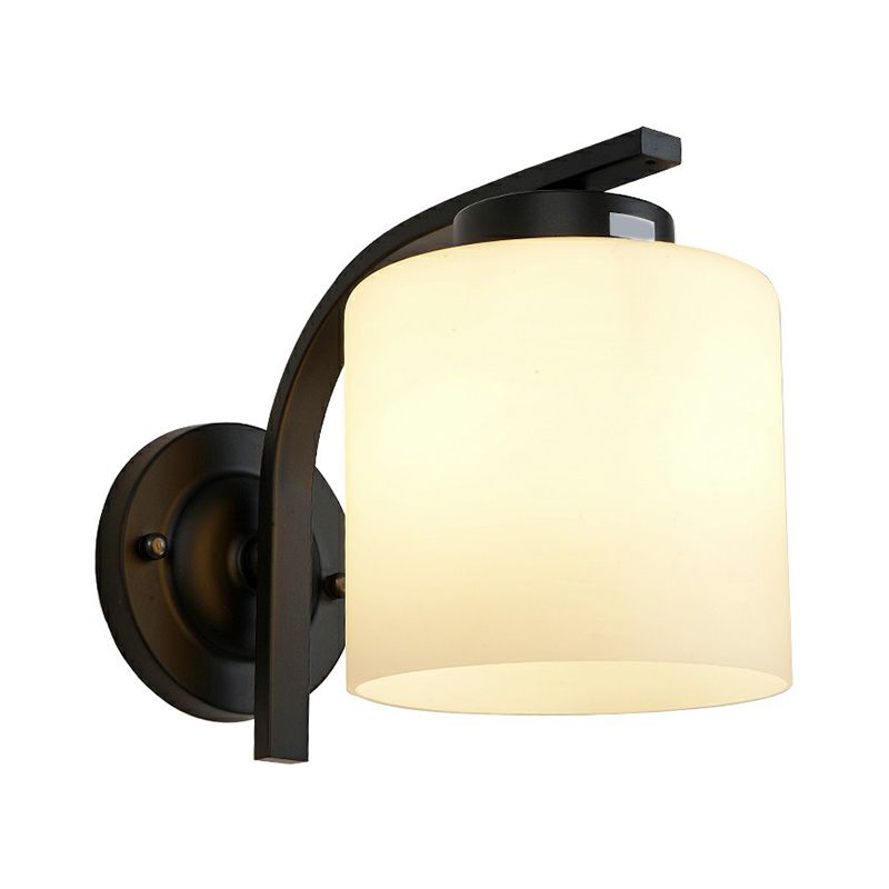 Luz de pared de cilindro de vidrio blanco Simplicidad 1 Lámpara de apliques de sala de estar de cabeza en negro