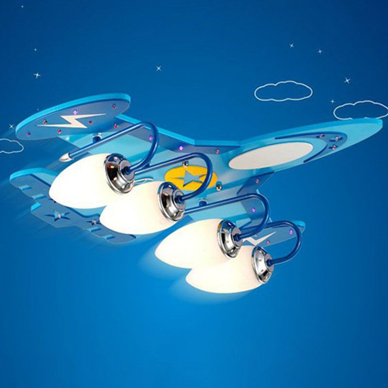 Aircraft Flush Ceiling Light Cartoon Wood Bedroom LED Flush Mount Lighting Fixture in Blue