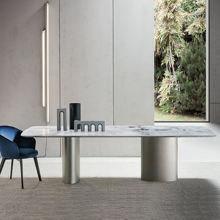 Mesa rectangular de lujo tradicional de metal, mesa superior de piedra sinterizada para comedor