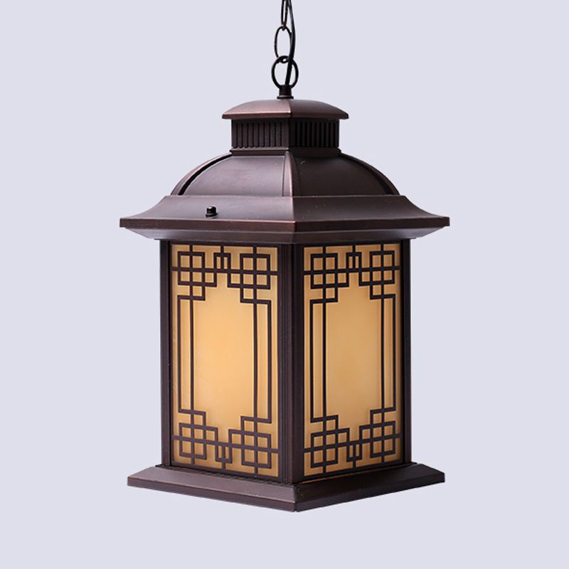 1-Head Pendant Light Fixture Lodge Lantern Yellow Glass Down Lighting in Coffee for Outdoor