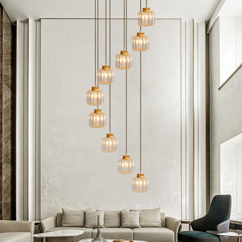 Gold Stairway Cluster Pendant Light in Modern Luxury Style Wrought Iron Hanging Light with Crystal Shade