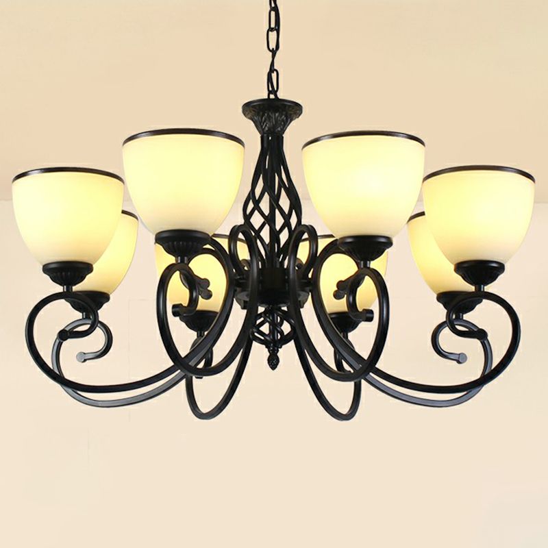 Swirled Arm Metallic Chandelier Pendant Light Vintage Living Room Hanging Light with Bell Frost Glass Shade