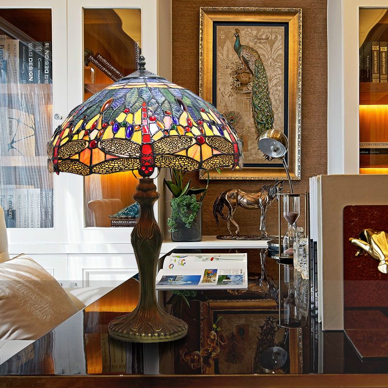 Dragonfly Table Lamp Retro Stained Glass 1-Light Accent Lamp in Antique Bronze Finish for Study