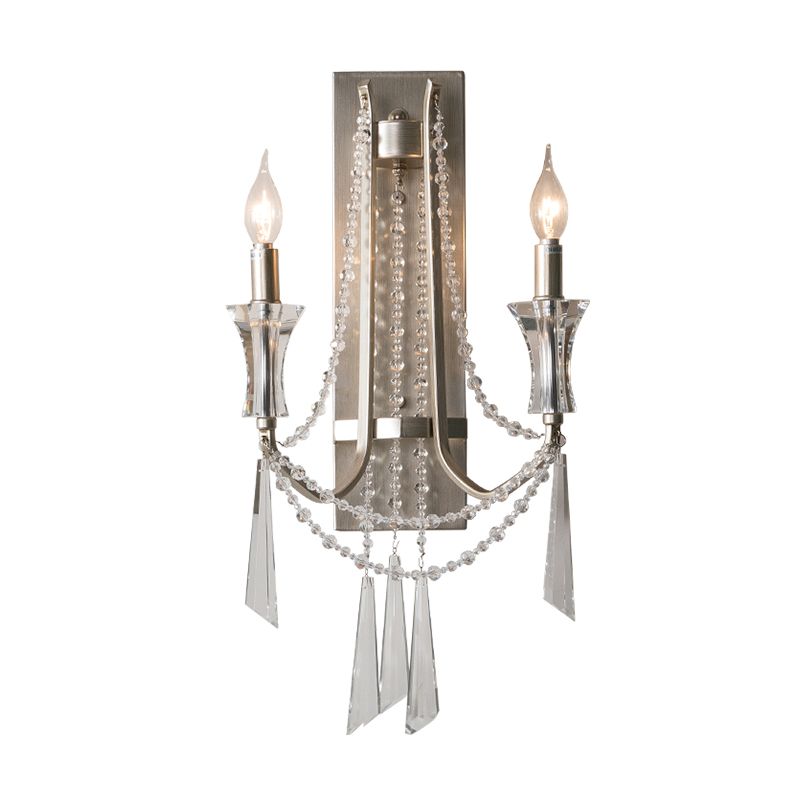 Franse landstijl kaarslandlamp 2-bulb metalen wandlamp met kristallen in geborsteld zilver