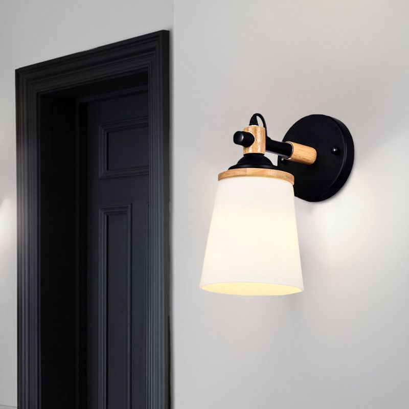 Modernist 1 Head Wall Sconce Light Barrel White/Black and Wood Wall Lamp Fixture with Cream Glass Shade
