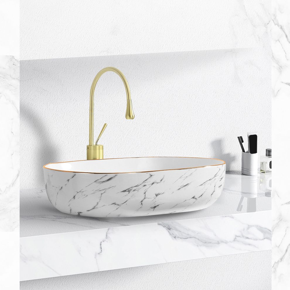 Contemporary Bathroom Sink with Pop-Up Drain Porcelain Oval-Shape Vessel Bathroom Sink