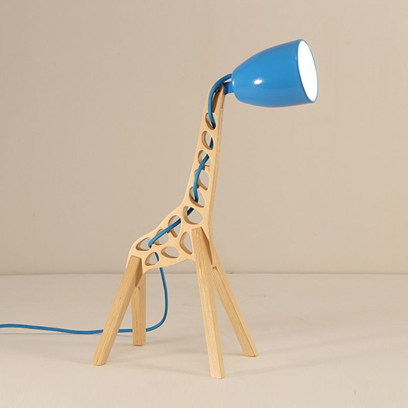 Cartoon Bell Night Light Metal 1-Light Bedroom Table Lamp in Blue/Red/Green with Standing Giraffe Wood Base