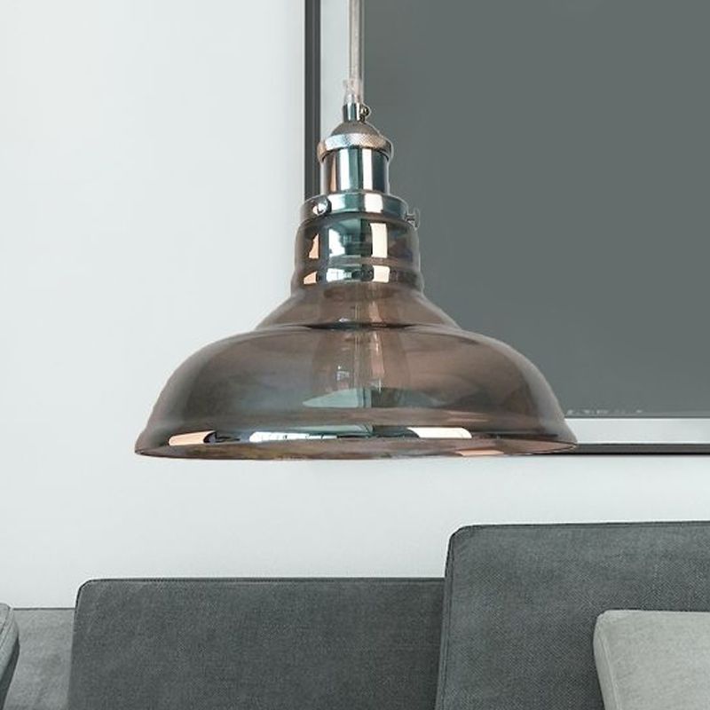 Industrial Cone/Barn Pendant Lamp 1 Light Smoked Glass Hanging Light Fixture in Chrome
