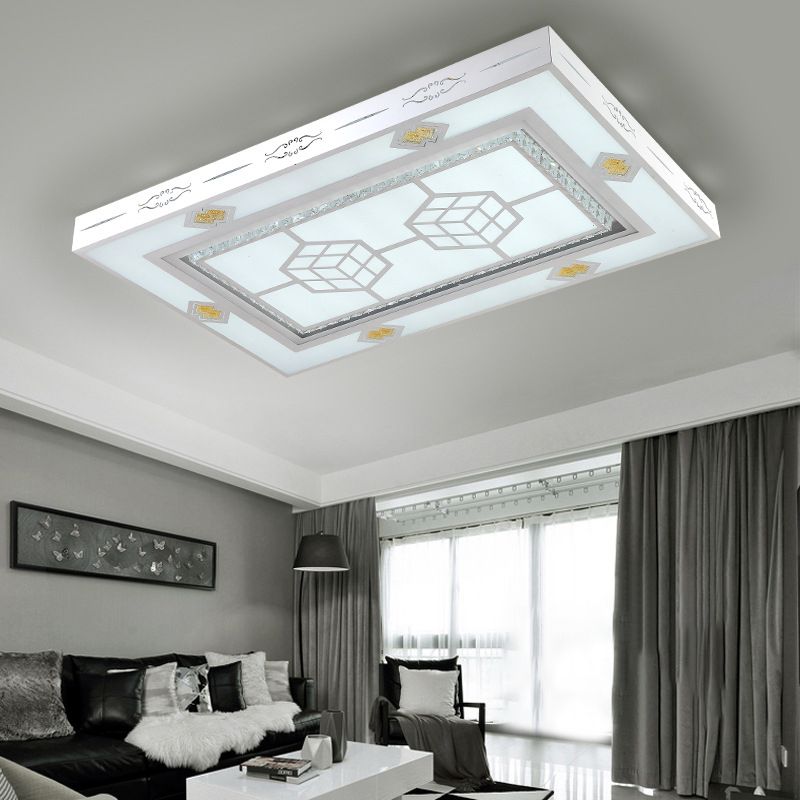 Modernism LED Ceiling Mounted Light Rectangular Mental Flush Lamp for Living Room with Crystal Accent, Warm Light