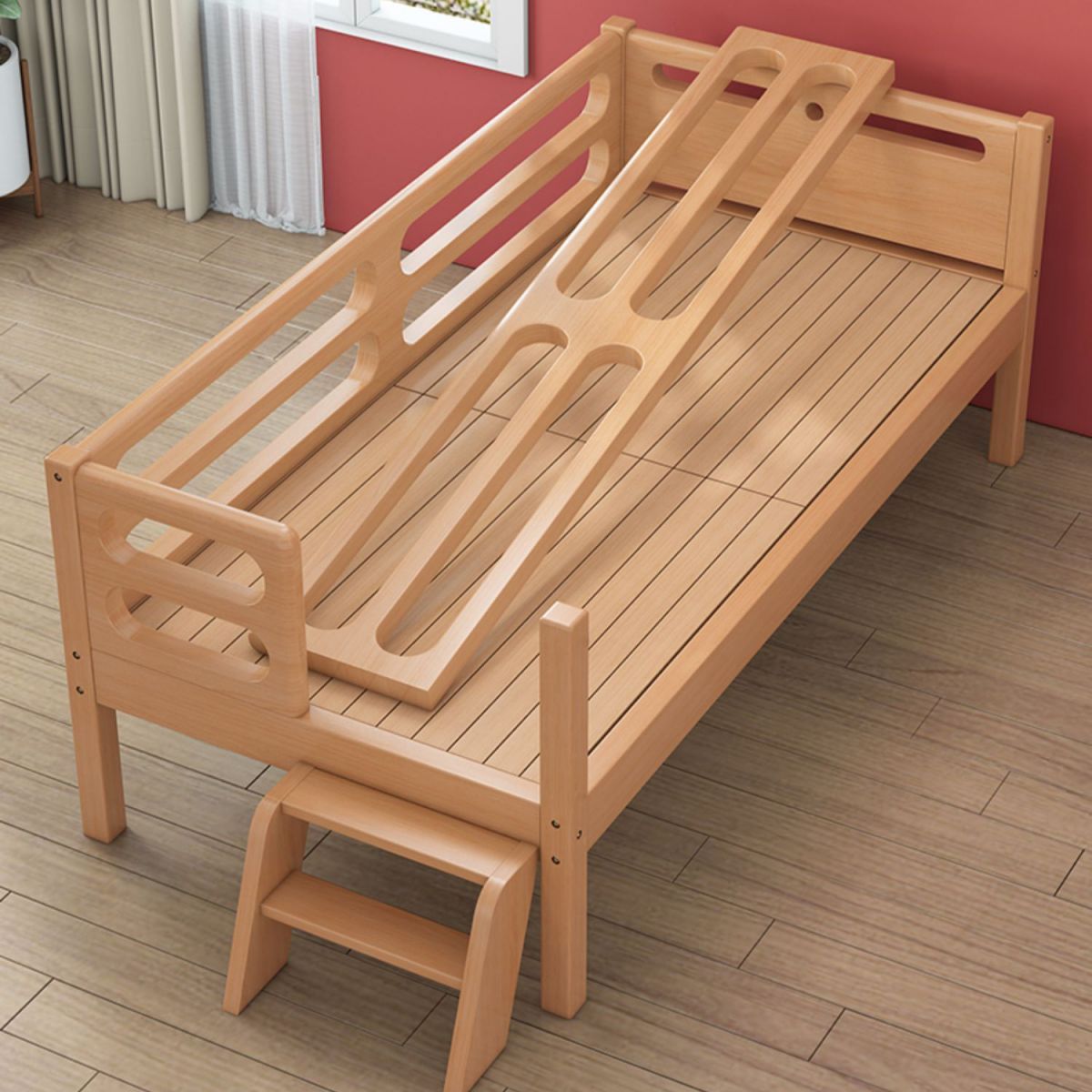 Natural Contemporary Solid Wood Nursery Bed with Guardrail for Bedroom