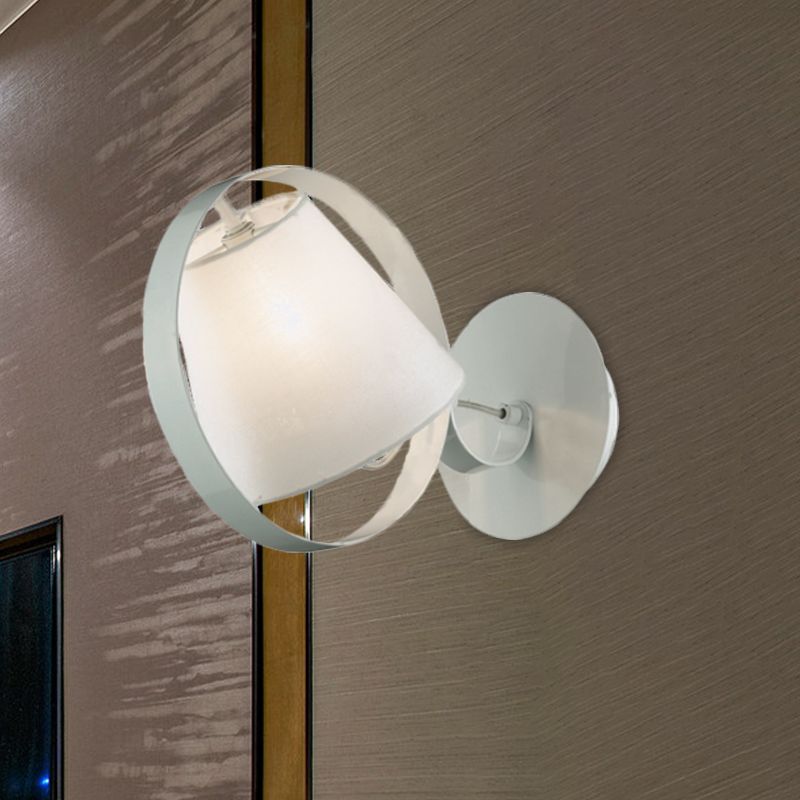 Simple Bucket Fabric Sconce Lamp 1 Bulb Wall Mount Light Fixture in White with Metal Ring