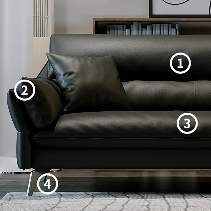 Black Genuine Leather Settee Mid-Century Modern Pillow Top Arm Sofa - 33.5" H