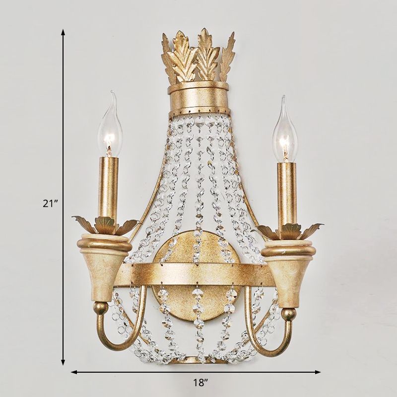 2 lichten Empire Wall Light Vintage Style Metalen wandlamp met heldere kristallen kraal in champagne -afwerking