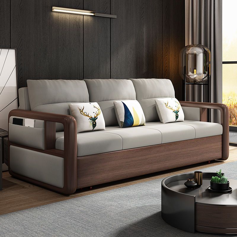 Fabric Sewn Pillow Back Sofa Round Arm Sofa Bed in Walnut Finish