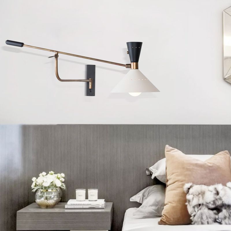 Nordic Swing Arm Wall Light Metal Conical Shade Wall Sconce for Living Room