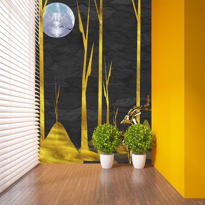 Custom Illustration Artistic Murals with Forest Deer at Moon Night Pattern in Black-Gold