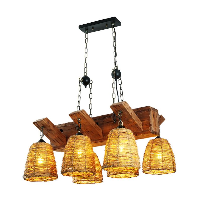 Brown Tapered Suspension Light Fixture Asia Rattan Island Lighting for Dining Room