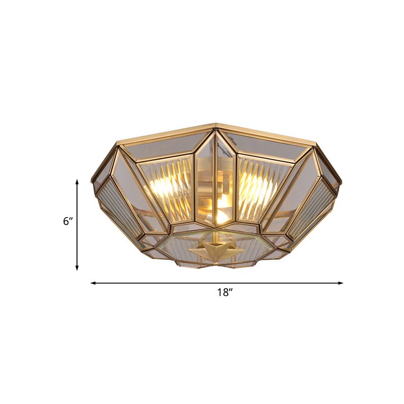 3 Lights Ceiling Flush Mount Colonial Bedroom Flush Light with Geometric Clear Glass Shade in Gold