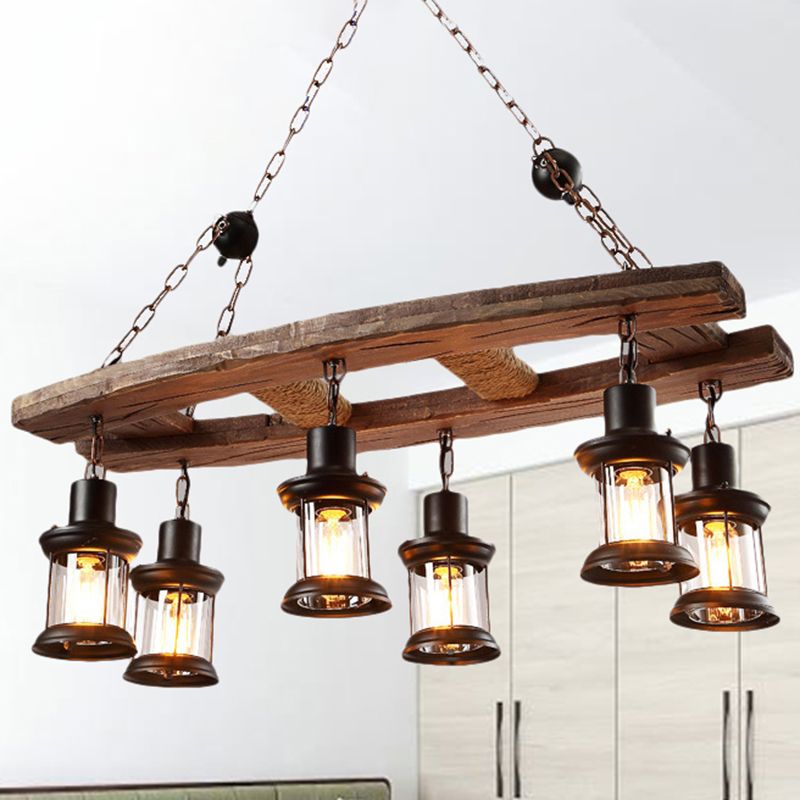 Clear Glass Black Island Pendant Lantern 6-Light Rustic Hanging Light Kit with Wooden Board