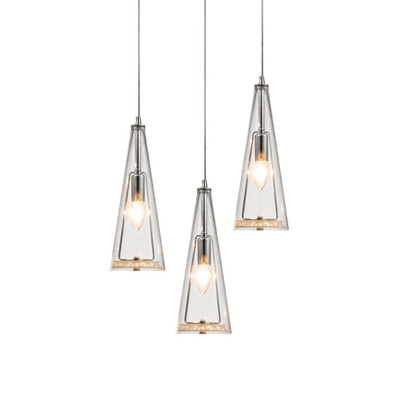 Modern Cone Pendant Lamp Blue/Amber/Clear Glass 3 Lights Hanging Ceiling Light in Chrome with Round/Linear Canopy