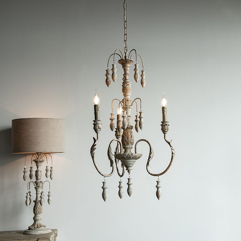 Éclairage pendentif en bois en détresse en détresse Classic Living Room Chandelier Lightture avec gouttelettes