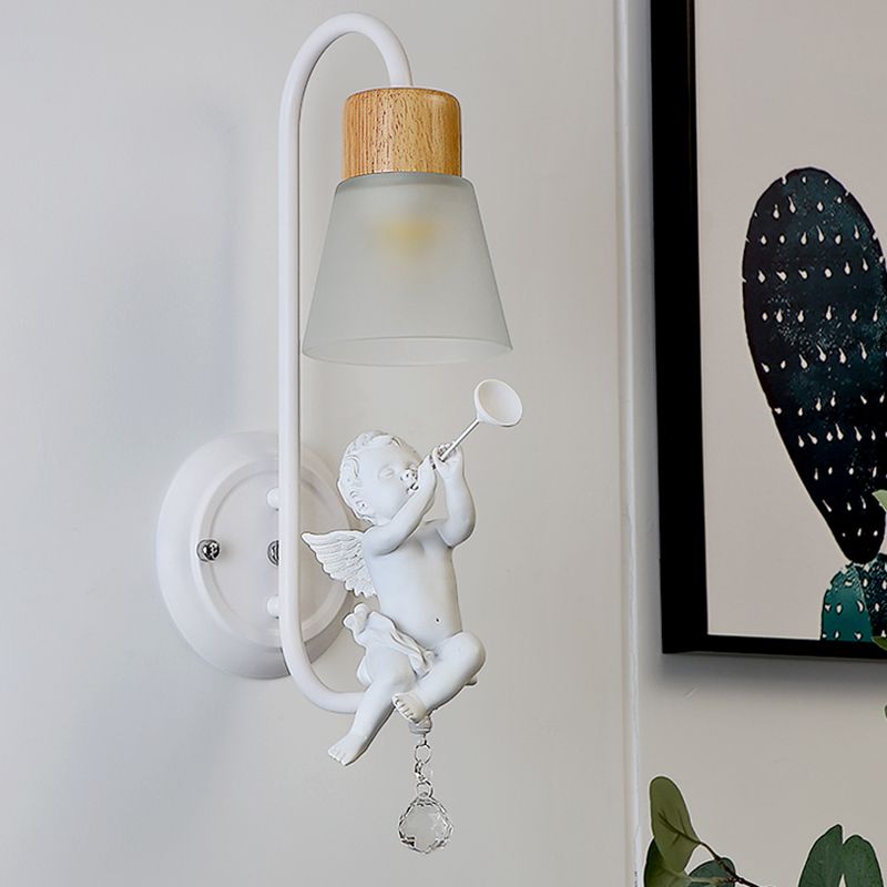 Modern Kids Wood Wall Sconce Geometric Shape Metal Wall Light with Glass Shade for Bedroom