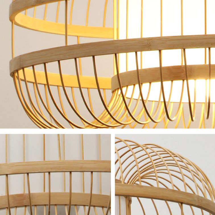 Beige 1-Light Japanese Hanging Lamp Kit Lantern Silk Pendant for Dining Room