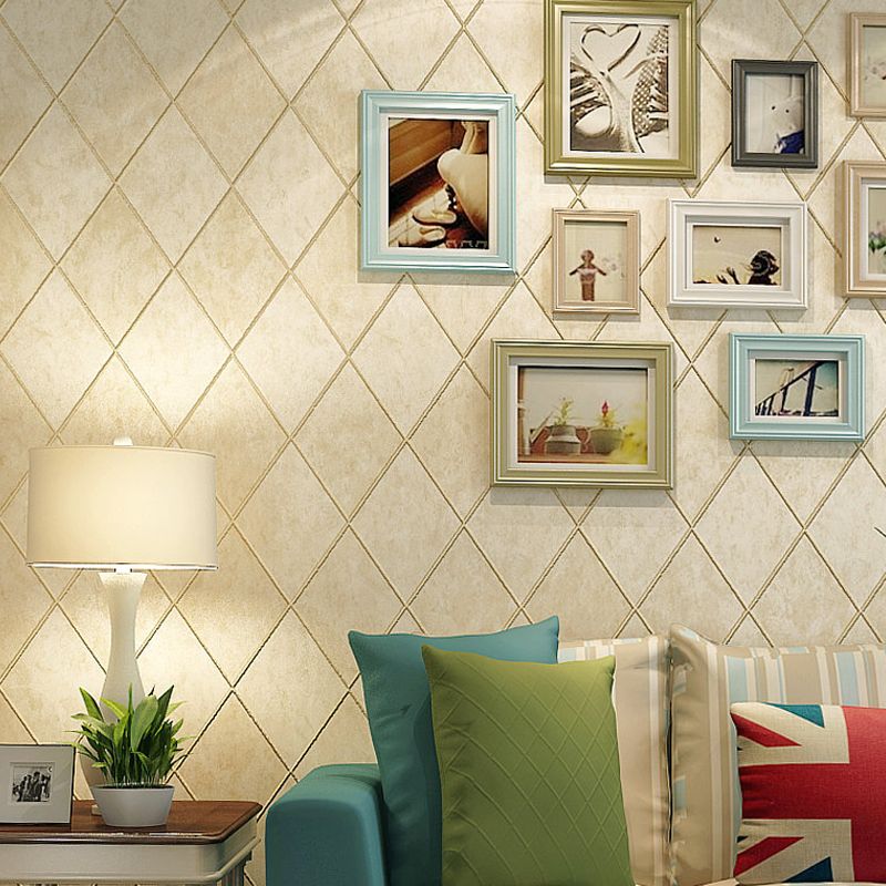 Beige Lattice Net Wallpaper Roll Waterproofing Contemporary Living Room Wall Covering