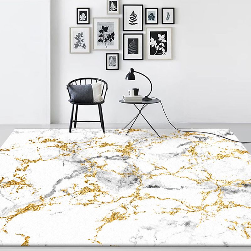 White and Golden Modern Rug Polyester Abstract Rug Washable Non-Slip Backing Carpet for Living Room