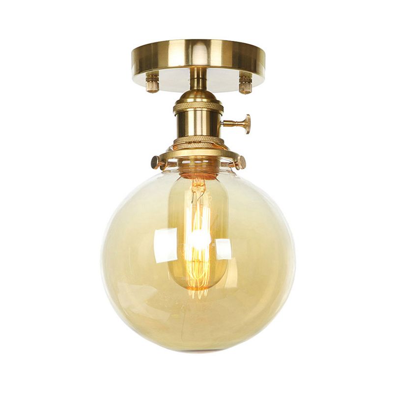 Brass One Bulb Ceiling Lighting Farmhouse Clear/Amber Glass Globe Semi Flush Light for Dining Room