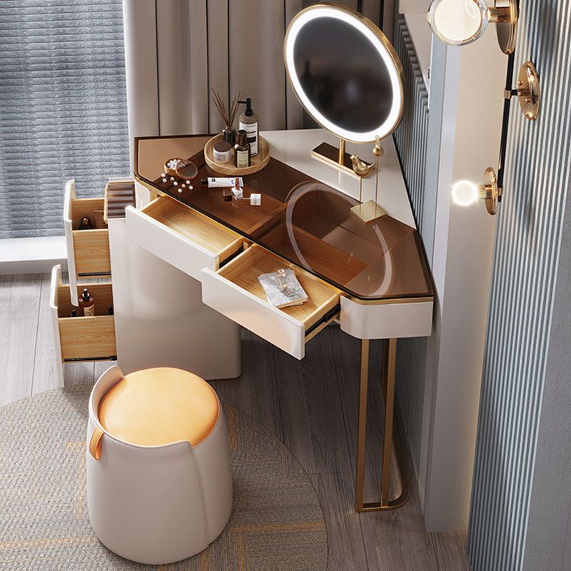 White Make-up Vanity with 4 Storage Drawers 29.52" Wide Glass Dresser