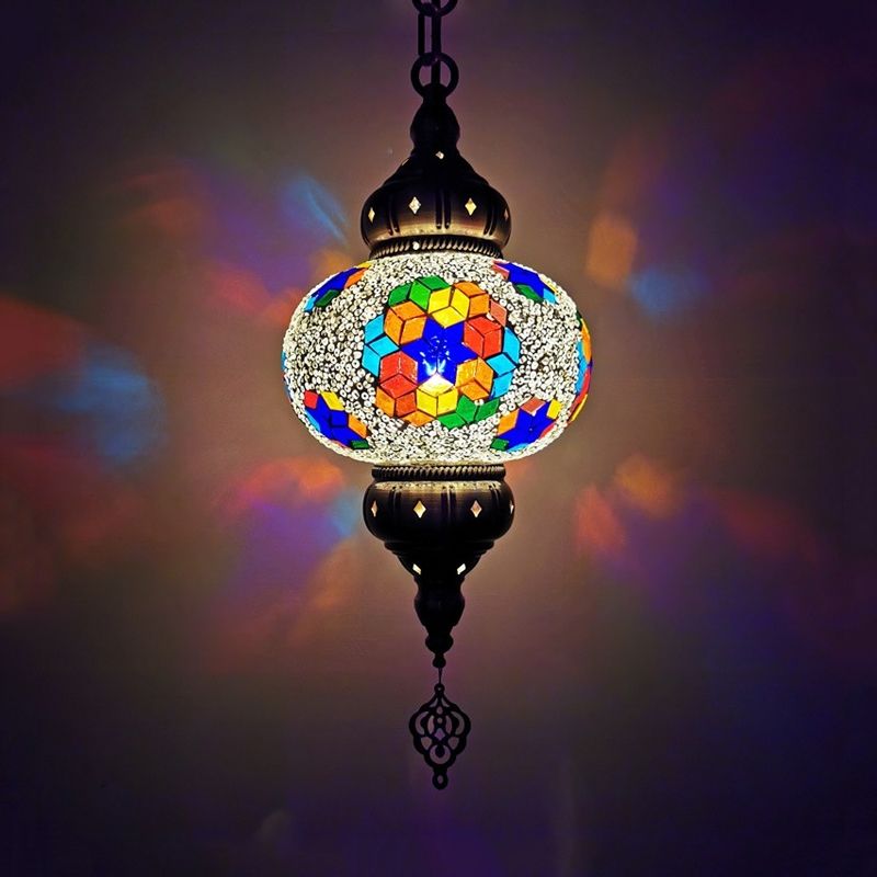 Stained Glass Oval Hanging Light Kit Traditional 1 Head Bedroom Pendant Lighting in White/Red/Orange