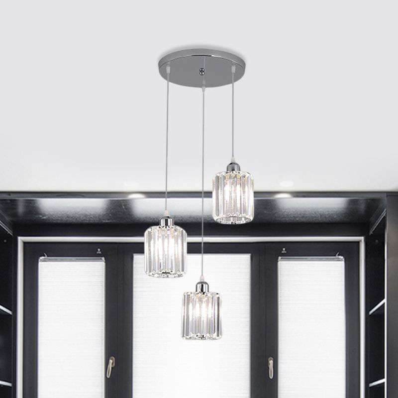 Cylinder Clear Crystal Block Multi Light Pendant Modernisme 3 Bulbes Chrome Hanging Lamp Kit