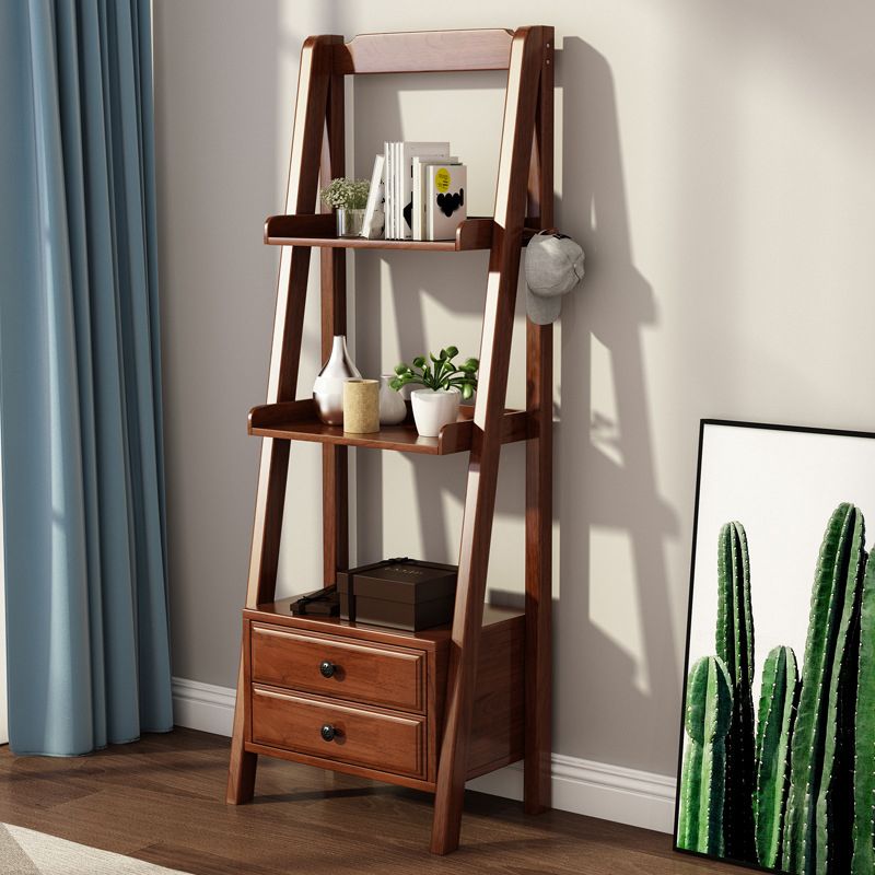 Modern Ladder Shelf Bookcase Rubberwood Open Back Bookshelf for Living Room