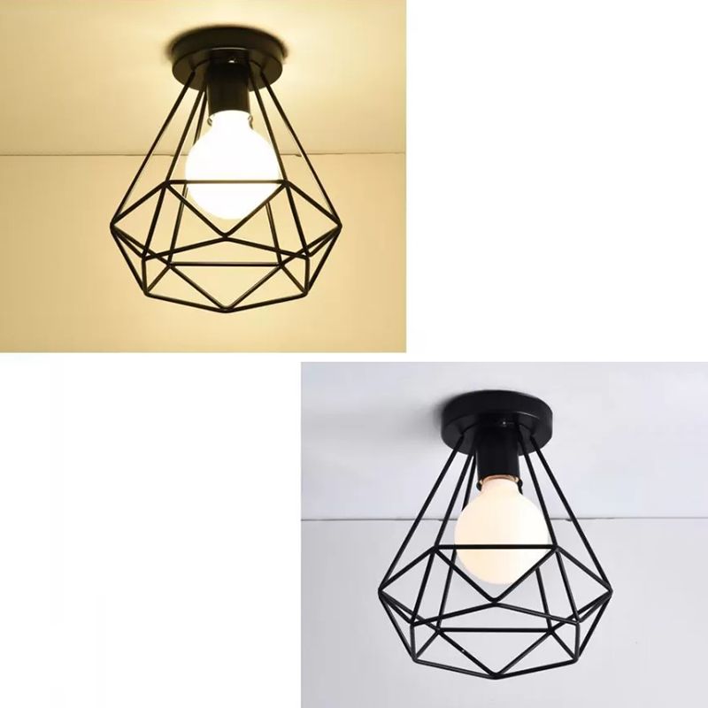 Black Close to Ceiling Lighting Industrial Metal Cage Diamond Ceiling Light Fixture