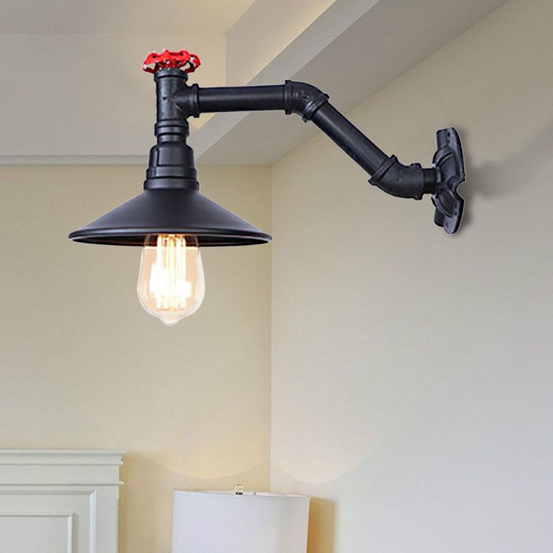 1 Luce murale del tubo a testa con tonalità cono e valvola vintage industriale lampada da parete in metallo nera