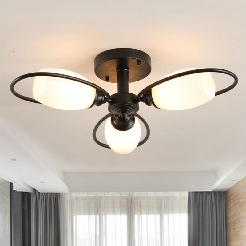3/6/8 luces Semi Flush Mount Flower Flower Vidrio Blanco Luz de techo en negro para sala de estar