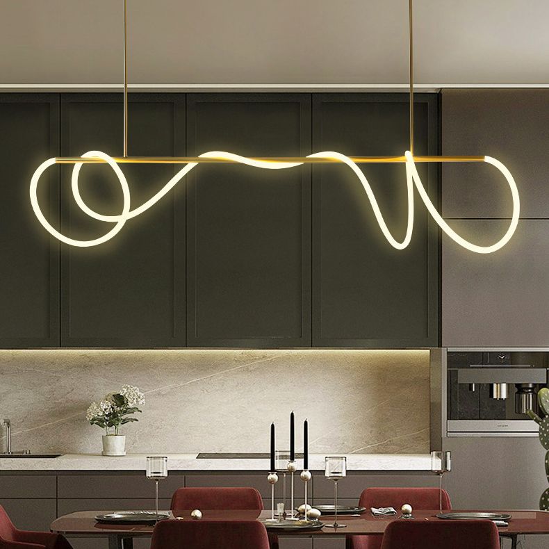 Modern Minimalism Gold Linear Island Pendant Lighting LED Metal Island Ceiling Light for Dining Table