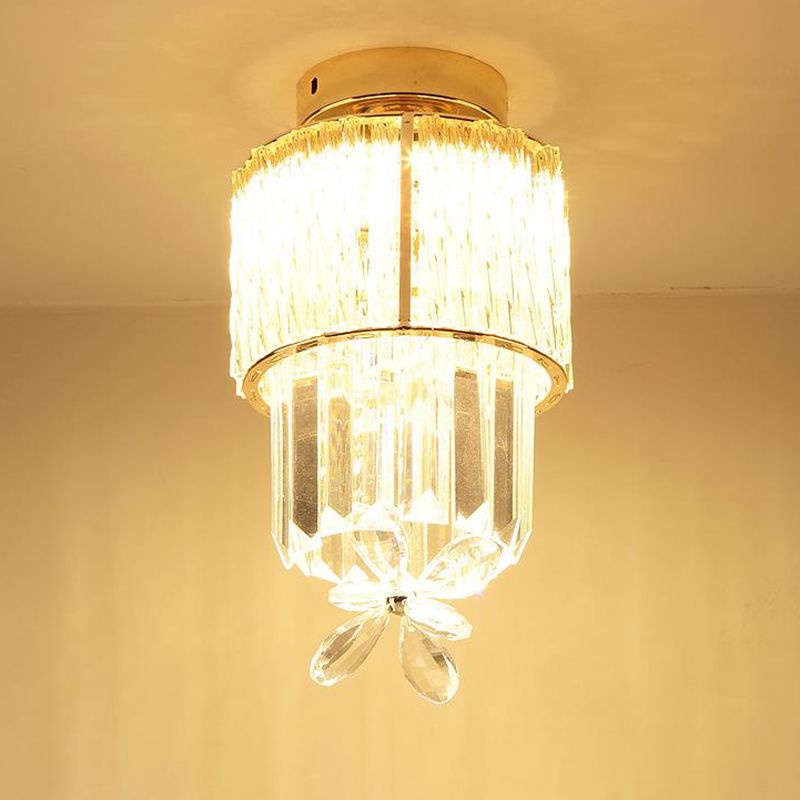 LED Hallway Ceiling Mounted Light Modern Gold Semi Flush Light Fixture with Cylinder K9 Crystal Shade