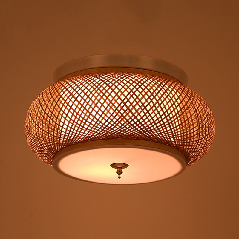 Luce a ciondolo a filo a mano a mano con design lanterna in stile asiatico Bamboo Apparecchiatura a soffitto giallo a 3 luci, 16 "/19,5" W