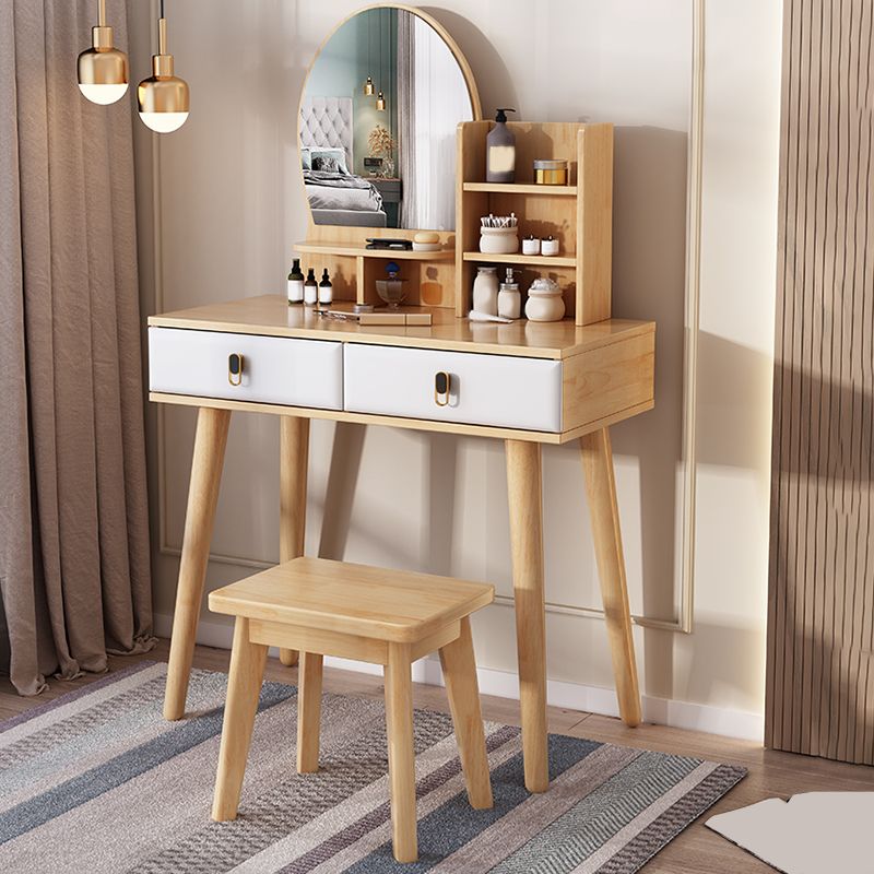 2-Drawers Mirror Table Dressing Table Solid Wood Make-up Vanity